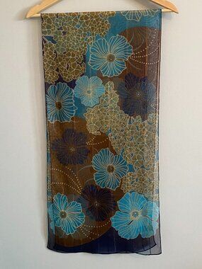 2/$20 👒 Vintage Oldstock Sheer Scarf with Blue and Brown Floral Pattern Y2K